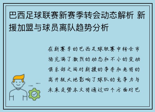 巴西足球联赛新赛季转会动态解析 新援加盟与球员离队趋势分析